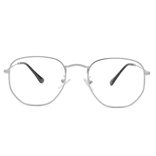 Pro Acme Hexagonal Non-Prescription Glasses Frame for Women Men Designer Square Round Metal Clear Lens Eyeglasses (Silver) 1