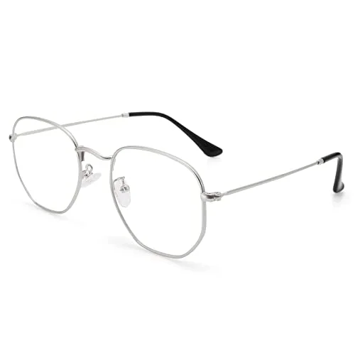 Pro Acme Hexagonal Non-Prescription Glasses Frame for Women Men Designer Square Round Metal Clear Lens Eyeglasses (Silver) 3