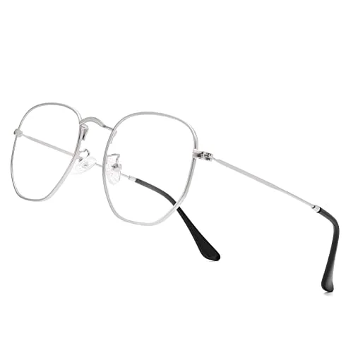 Pro Acme Hexagonal Non-Prescription Glasses Frame for Women Men Designer Square Round Metal Clear Lens Eyeglasses (Silver) 4